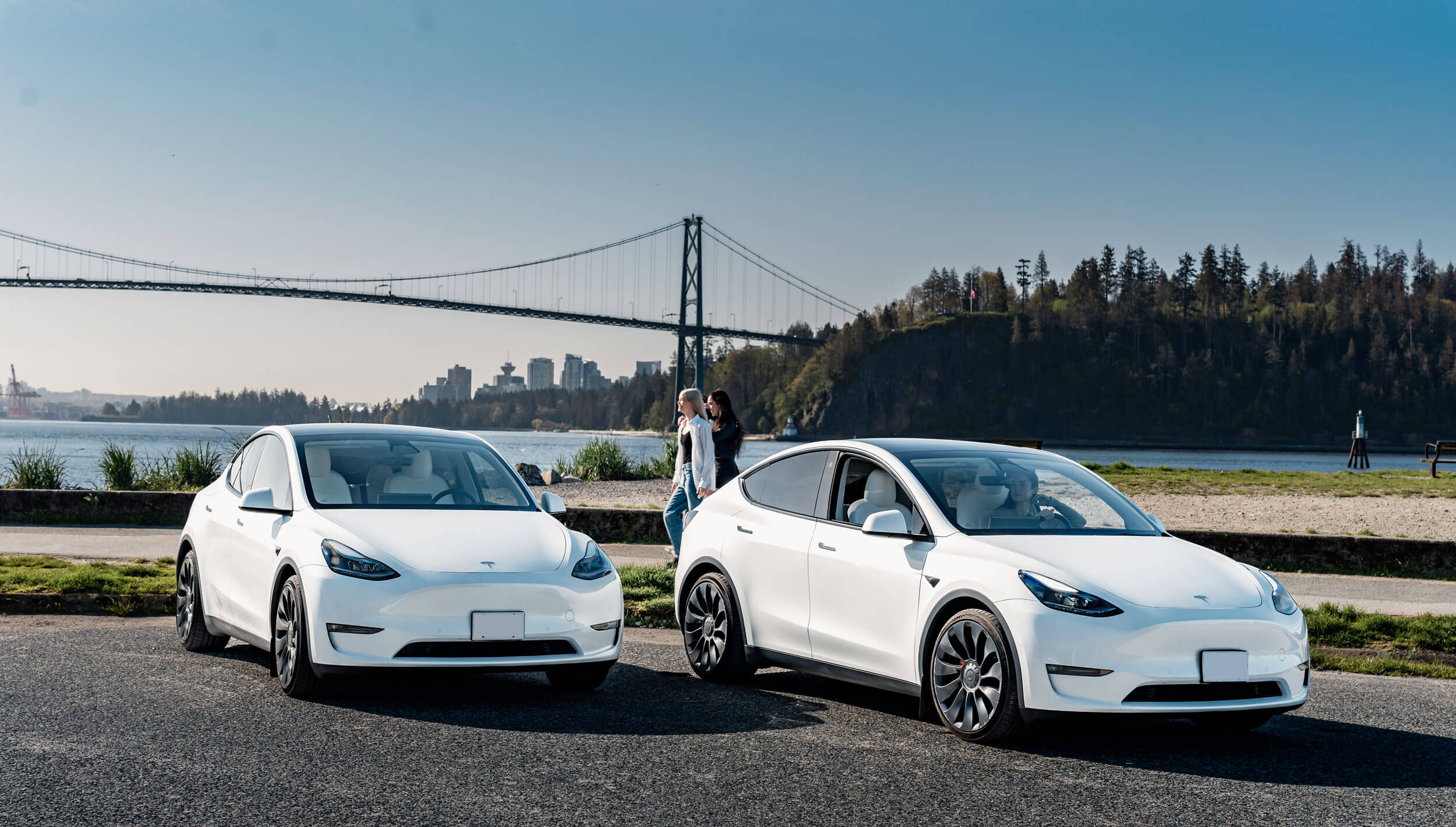 two Tesla cars near the beach